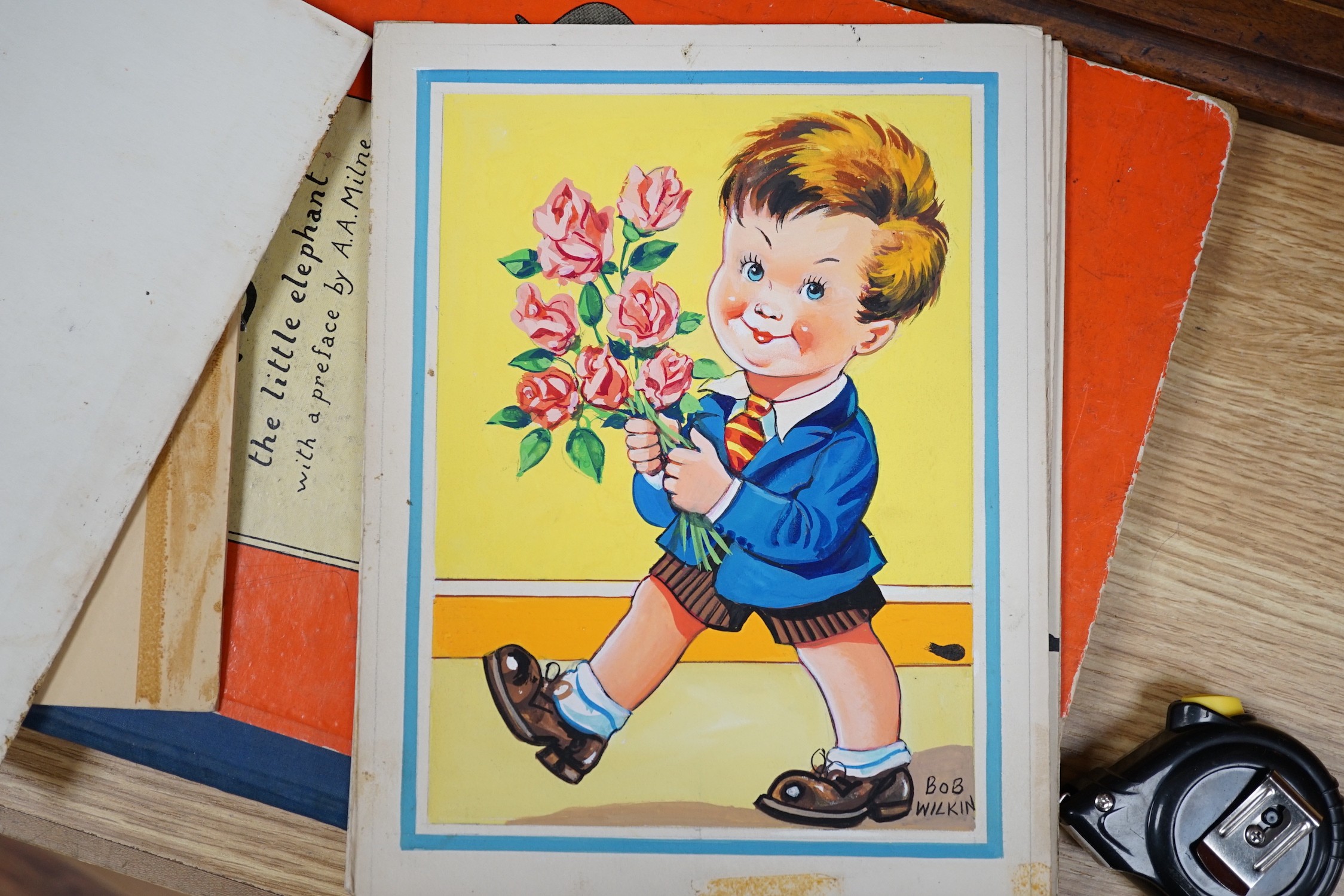 Bob Wilkin, six original artworks for postcards, Humorous children, signed, 24 x 19cm, unframed